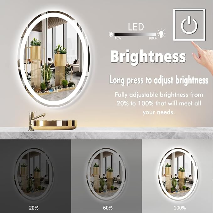 24 x 32 Inch Oval Vanity Mirror with Lights Oval LED Mirror for Bathroom Wall Mounted Oval Lighted Mirror Dimmable 3 Color Light Oval Mirror Anti Fog 32" Bathroom Oval Smart Light up Mirror
