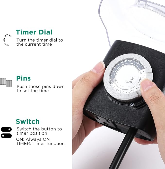 G-Homa [Enhanced] Outdoor Timers, Mechanical 24 Hour Timer Outlet, Outdoor Light Timer Waterproof with Protective Cover, 18 in Cord, 15A 3/4HP, CSA Listed, Ideal for Engine Block Heater, Pool Pump