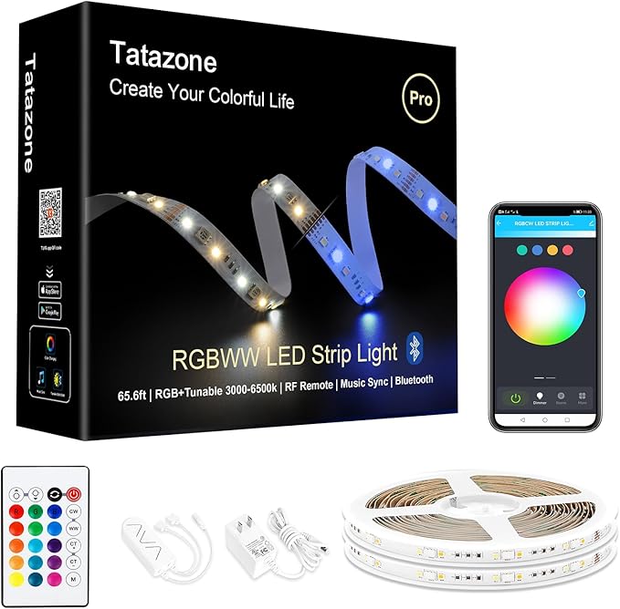 RGBWW Bluetooth LED Strip Lights, 65.6ft Tunable White 3000K to 6500K+RGB Led Light Strips, Music Sync Color Changing Indoor LED Rope Lights for Cabinet, Bedroom,2 Roll of 32.8ft