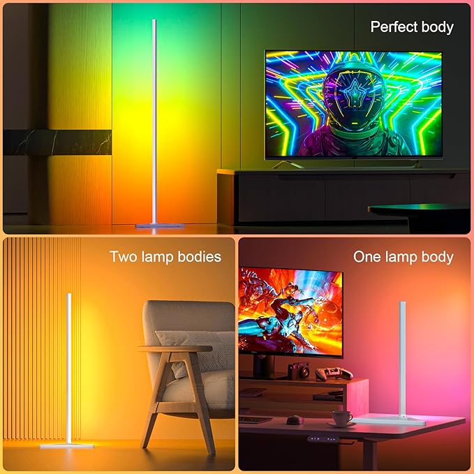MIHEAL Corner Floor Lamp, 1 Pack LED Corner Lamp with APP and Remote Control, 16 Million DIY Colors & Warm White, Music Sync, Timing Function, Color Changing Ambient Lights for Living Room, Bedroom