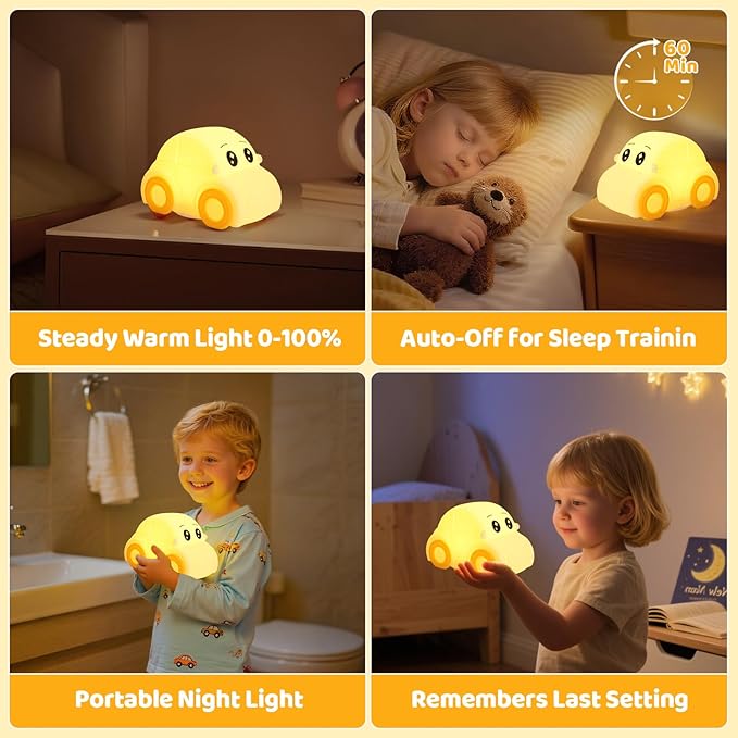 Cute Baby Toddler Car Kids Night Light for Kids, Dimmable+1800mAh Rechargeable+Timer+Portable+Silicone+Squishy, Touch Breastfeeding Bedside Night Lamp, Funny Girls Boy Gifts
