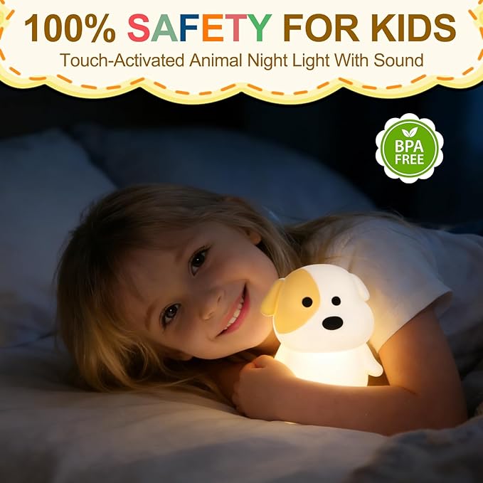 Puppy Night Light for Kids - Squishy Silicone Dog Lamp with Dimmable & 7 RGB Color Changing, Animal Sound, Rechargeable BPA-Free, Dog Nightlight Gift for Children/Teens/College Students