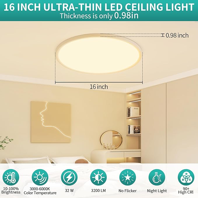 16 Inch LED Flush Mount Ceiling Light,32W Ultra-Thin Modern Round Light Fixture with Remote,Dimmable 3000K-6000K,White,3200LM,Memory & Night Light Mode for Bedroom, Kitchen,Living Room