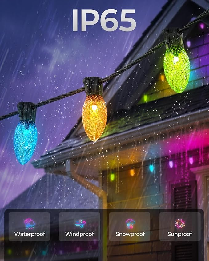 YAYZA! Smart C9 Christmas Lights Outdoor, 150 LED 115 FT RGB C9 String Lights with APP & Remote Control, 105 Modes, Music Sync, Connectable Waterproof Christmas Lights for Roofline Patio Xmas Decor