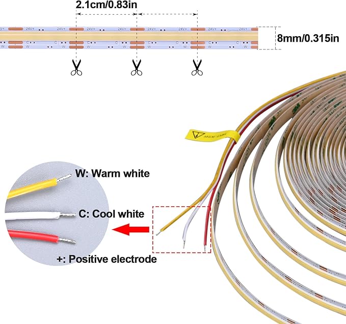 GOMING CCT COB LED Strip Light 24V 32.8ft(10M) 2700K-6500K Tunable White with 24V 100W Power Supply and Controller 576LEDs/M CRI 93+ Flexible IP20 Not Waterproof LED Tape Lights for Home Decor