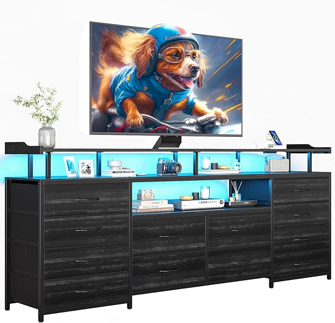 BTHFST 12 Drawers TV Stand Dresser for 65/70 inch TV, Entertainment Center with LED Lights & Power Outlets, 63" Large LED TV Stand, TV Console for Bedroom