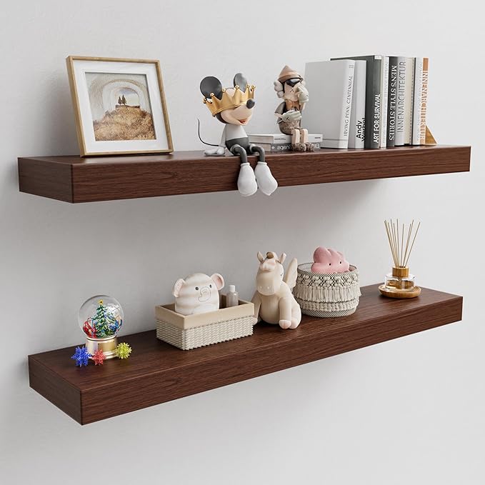 Walnut Floating Shelves for Wall Mounted, 2 Inch Thick Wooden Floating Shelves, 8 Inch Deep Shelves Over Toilet, 36"x8" Wall Shelves for Kitchen Living Room Bathroom, 50LBS Capacity, Set of 2