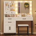 BTHFST Makeup Vanity Desk with Mirror and Lights & Charging Station & Makeup Stool, Vanity Table Set with Glass Top Storage Drawer & Beach & 3 Shelves for Bedroom (Modern White & Black)