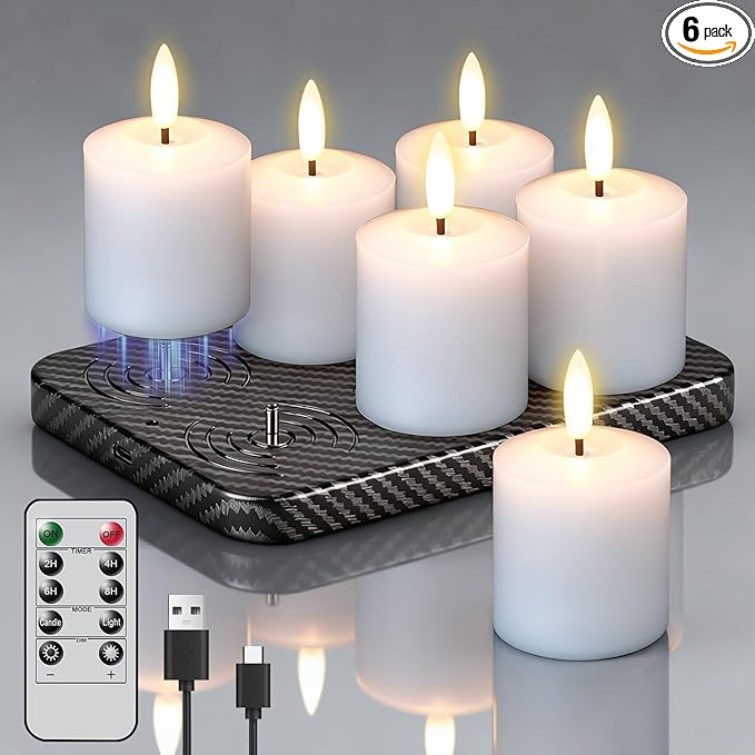 GenSwin Rechargeable Votive Candles Battery Operated with Charging Base, 6 Pack LED Flameless Battery Votive Candles with Remote Timer(White, Real Wax, 2 x 3.2 Inch)