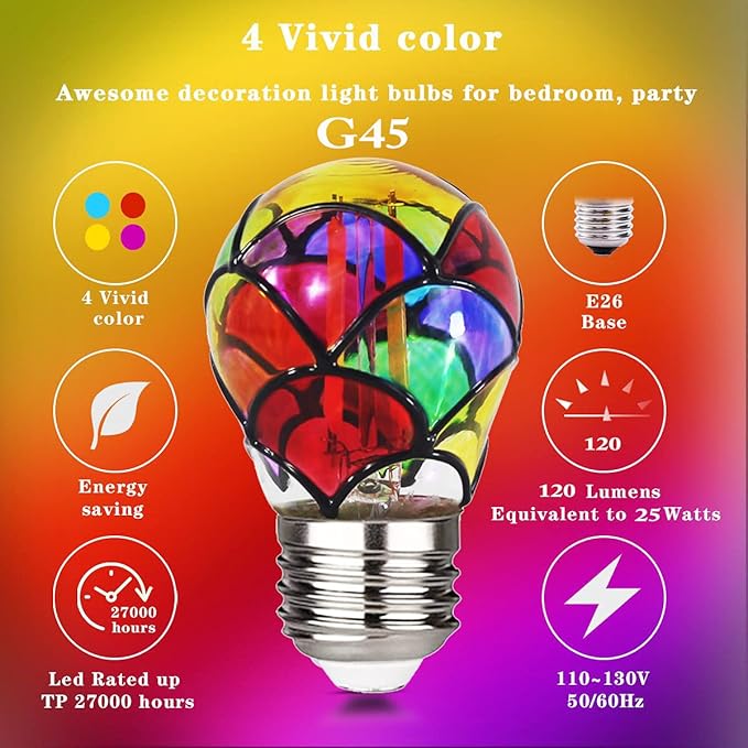 I-SHUNFA Stained Glass LED Light Bulb,6 Watts Heatless E26 G45 LED Light Bulbs for Home Party,Recreation Room,Balcony,Garden,Christmas Decoration 2 Pack