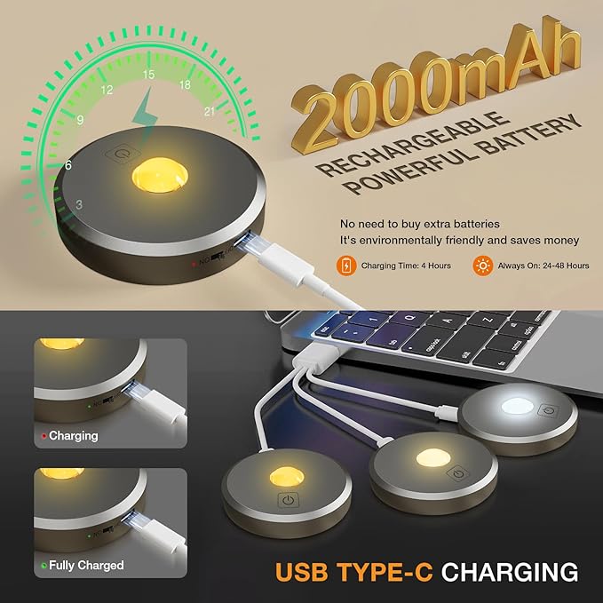 Puck Lights with Remote Control Rechargeable,Wireless Under Cabinet Lighting,2000mAh Battery Operated Tap Push Touch Lights,Stick On Lights for Counter,Shelf,Bookcase (Dark Grey, 3 Pcs)