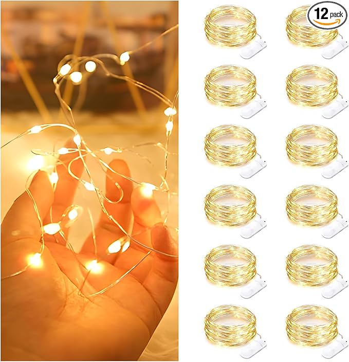 Bexdir 12 Pack Fairy Lights Battery Operated String Lights，7FT 20LED Waterproof Silver Wire Christmas Lights Outdoor,Firefly Mini Lights for Bedroom Party Birthday Wedding Home Decor
