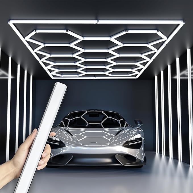 Updated Bigger Size 14 Grid Hexagon Garage LED Lights with Widen 1.33IN Illuminated Surface, 108000LM Led Lights System for Garage, Basement,Warehouse(Black Edge) Patent No.US0D1109406S