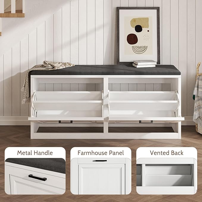 Shoe Storage Bench with Cushioned Seat, 2-Tier Entryway Bench with 2 Flip Drawers & Adjustable Shelves, 39.4" Shoe Rack Bench for Entryway, Living Room, Hallway (White)