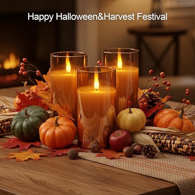 5plots Flameless Battery Operated Candles Set of 2, Gold LED Candles with Remote Timer, Real Wax Glass Pillar Candles Warm Flickering Light for Indoor Home, Halloween, Christmas Decor D3 x H6 6"
