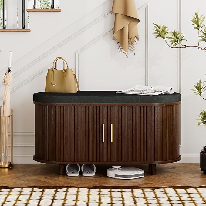 Entryway Bench with Storage: 35.4" Wooden Bedroom Shoe Bench with Thickened Padded Seat Cushion, Mid Century Modern Fluted Sliding Door and Adjustable Shelf, for Entryway, Living Room