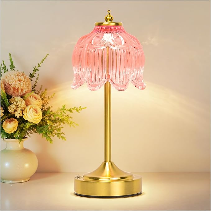 Cordless Lotus Flower Table Lamp, 5200mAh Rechargeable Battery Operated Portable Lamp, 3-Color Dimmable Touch Control Small Desk Lamp for Bedroom, Office, Kitchen, Nightstand,Room Decor (Flower Pink)