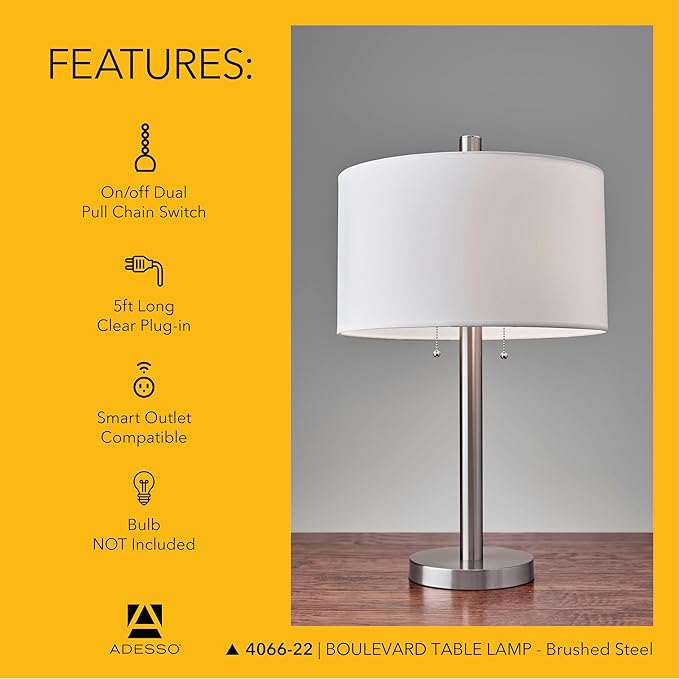 Adesso Brushed Steel Table Lamp with White Fabric Shade – Dual Socket Pull Chain Accent Light for Bedroom, Living Room, or Home Office, 28” Tall