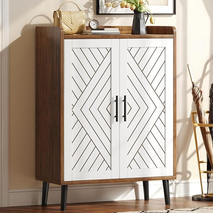 YITAHOME Shoe Cabinet with Doors, 5-Tier Shoe Storage Organizer with Adjustable Shelves, Modern Freestanding Wooden Shoe Rack Cabinet for Entryway, Hallway, Closet, Living Room, Brown & White