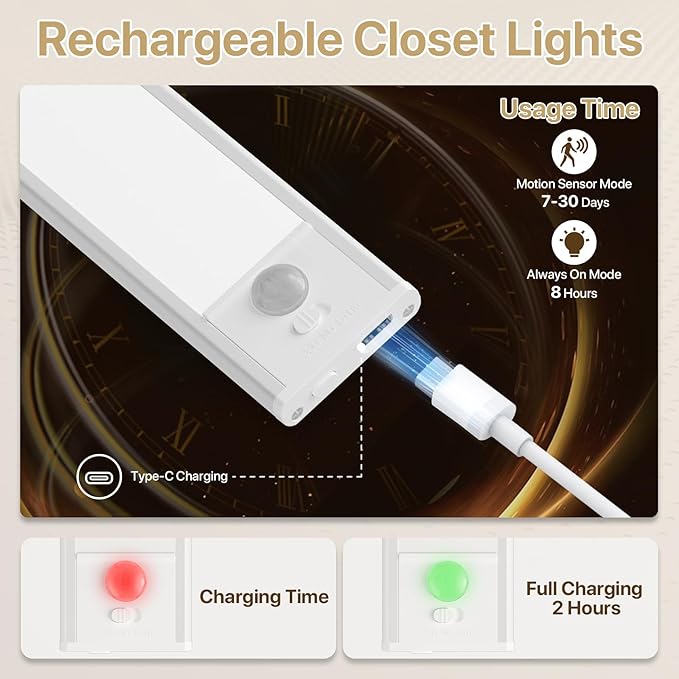 ORALUCE Under Cabinet Lighting Rechargeable Magnetic, 8inch LED Motion Sensor Light Indoor Battery Operated 3 Color Dimmable, Wireless Closet Lights for Kitchen Counter Stairs, 2 Pack