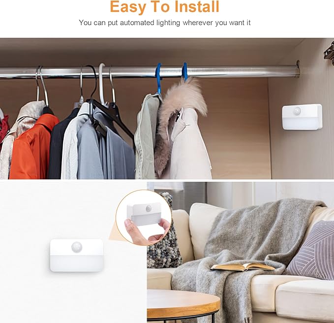 12 Pack Motion Sensor Night Light, Stick-On Motion Sensor Lights Indoor, Battery Powered Under Cabinet Kitchen Lights with Adhesive Pads, Auto/On/Off for Cupboard Wardrobe Stair Kitchen- Warm White