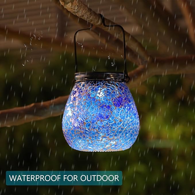 Bshine Mosaic Solar Lantern Outdoor Hanging Waterproof, Fragmented Glass Blue Mosaic Light Valentine's Day Indoor Decor Table, Garden Decor for Yard Outside, Lawn, Birthday Gift for Mom Gardening