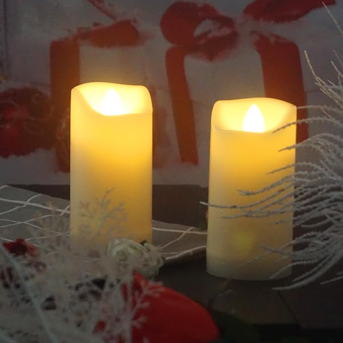 Battery Operated Plastic Flameless LED Pillar Candle with Cycling Timer, Realistic Flickering Electric Light for Indoor Outdoor Bookshelf Wedding Dinner Party Centerpiece Fireplace Decor 2 Pack