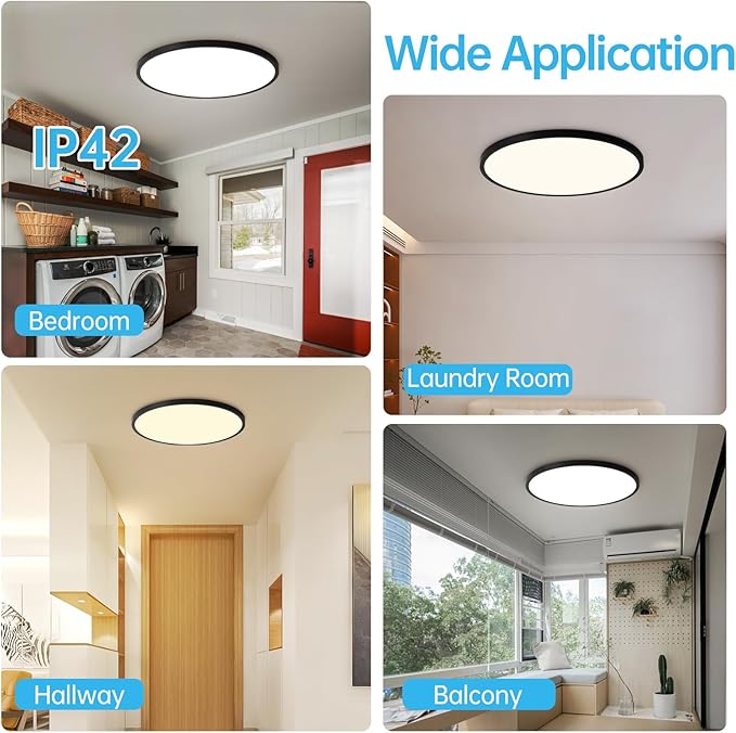 20 Inch Large LED Flush Mount Ceiling Light Fixture,45W,4600LM,3000K/4000K/6000K CCT Selectable,0.9 inch Super Slim Round Ceiling Light for Bedroom,Hallway,Kitchen (Dimmable Black 2PK)