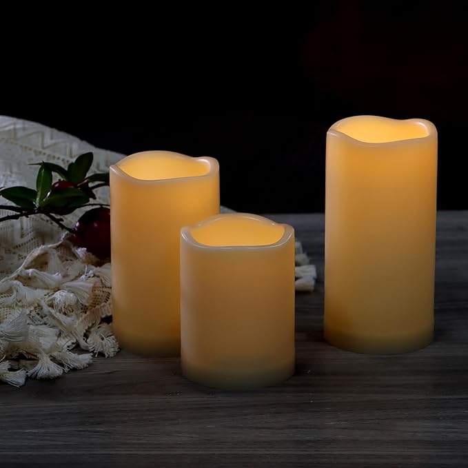 CANDLE CHOICE Outdoor Battery-Operated Flameless Candles with Remote Timer Waterproof Flickering Plastic Electric LED Pillar Lights for Lantern Patio Garden Wedding Halloween Christmas 3x4,5,6” 3 Pack