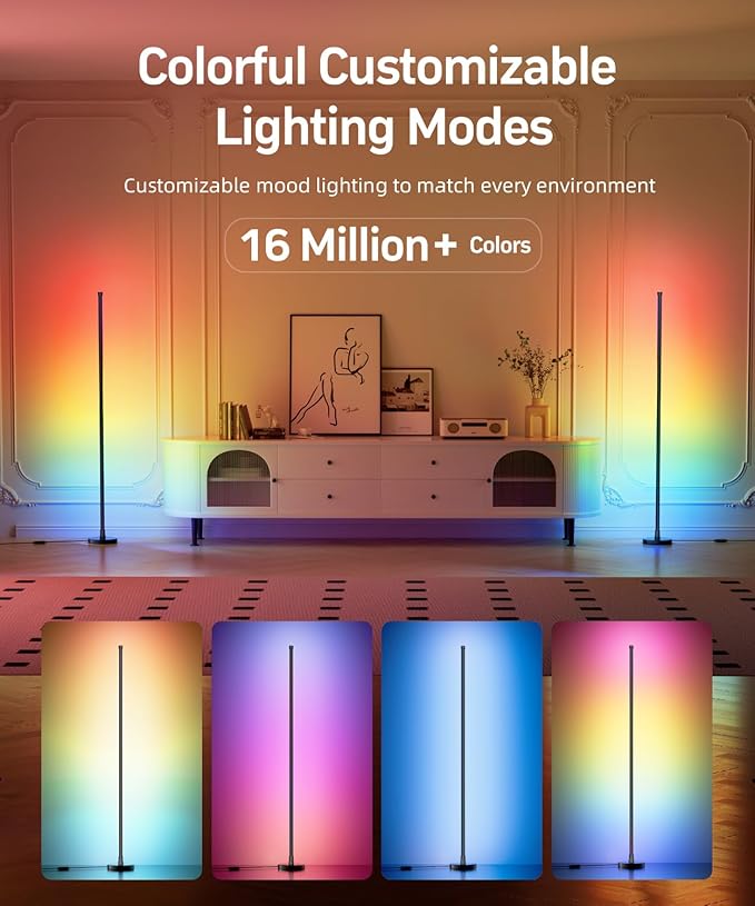 Smart RGB LED Corner Floor Lamp, Standing Lamp with Music Sync and 16M+ DIY Colors, Remote & App Control, Color Changing Ambient Lighting, Floor Lamps for Living Room, Bedroom and Party(2 Pack)
