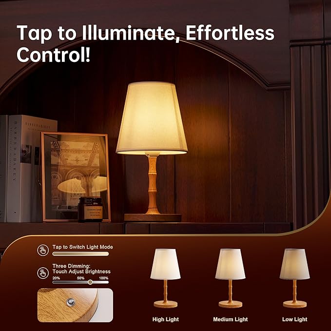 Table Lamp Cordless Bedside Desk Lamp,Rechargeable Battery Operated Lamps for Bedroom Night Stands,3 Colors Touch Dimmable Small Table Kitchen Lamps,4000mAh LED Wood Grain(Fabric Shade)