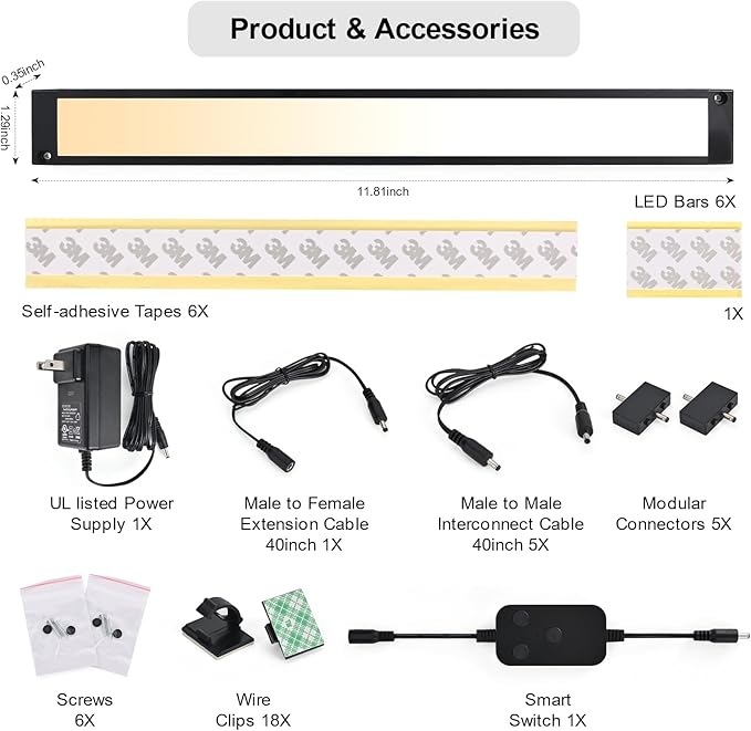 6pack 12inch Dimmable LED Under Cabinet Light Kit, 2700K to 6000K Smart LED Under Counter Lighting Fixture, Compatible with Alexa, Google Assistant, for Kitchen, Pantry, Shelf (Black)