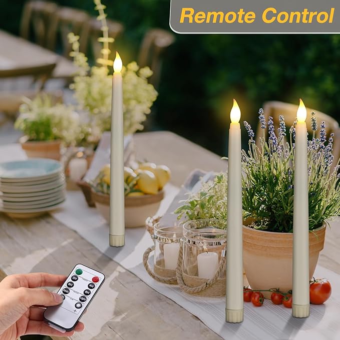 Tuanse 24 Pack 24 Pack Flameless Flicker Taper Candles Bulk with Remote and Timer, Battery Operated LED Warm White Taper Candles Light for Home Wedding Decoration Gifts (Beige,10 Inch)