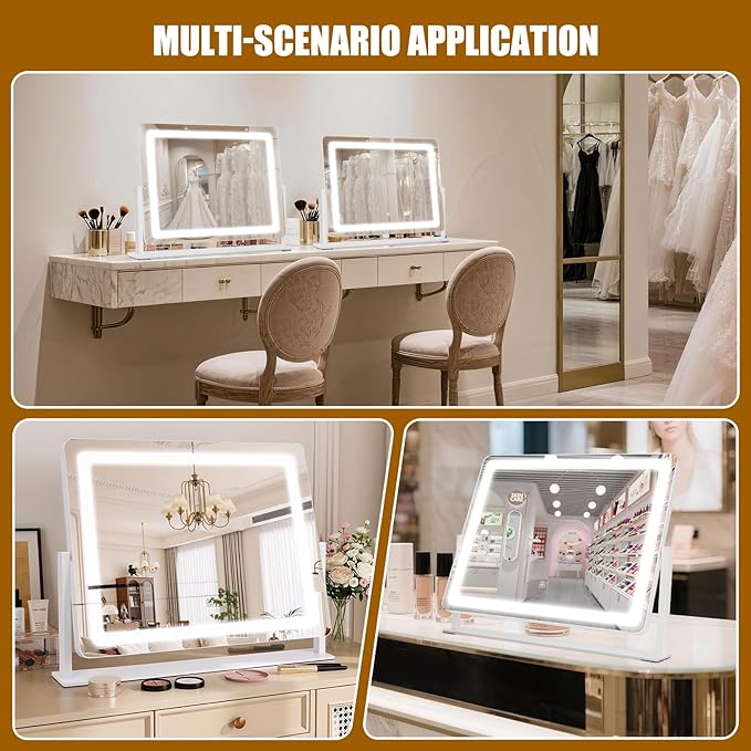 Vanity Mirror with Lights 22"×17", Large LED Makeup Mirror with Light, Smart Touch with 3-Color Lighting, Dimmable, 360° Rotation, HD Desk Mirror, Vanity Mirror Tabletop (White)