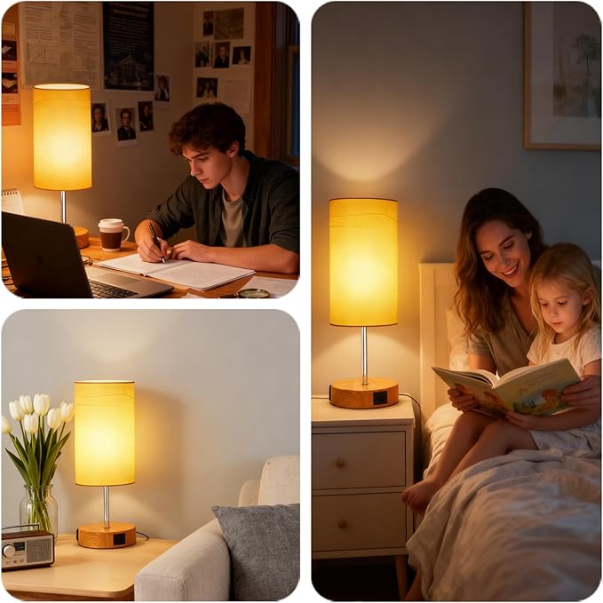 HiBay 2-Set 17.75" Touch Bedside Table Lamps with USB Charging Ports & AC Outlet, Farmhouse Wood-Grain 3-Way Dimmable LED Nightstand Lights with Parchment Shade for Home Office Lighting Decor