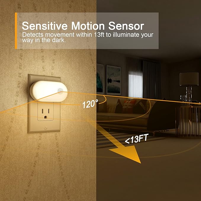 Lyridz Plug in Night Light with Motion Sensor, 120LM Superior Bright Smart Mini LED Nightlight, Warm White with Stepless Adjustable Brightness for Bathroom, Bedroom, Kitchen, Stairs, Hallway, 2 Pack