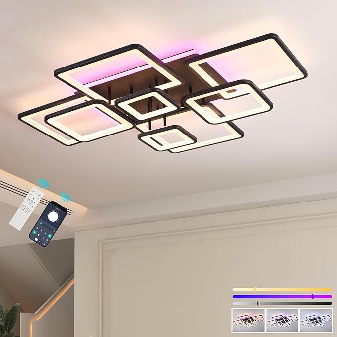 Stunning Layered Square Geometric Modern LED Ceiling Light - 100W Super Bright Black Flush Mount Chandelier, Dimmable RGB, Remote Control Included for Living Room Bedroom Dining Room
