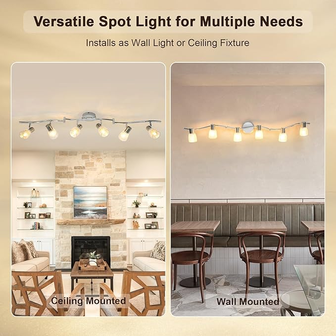 HiBay 6-Light Track Lighting, Flexible Ceiling Light Fixture w/Glass Shades, Modern Chrome Track Spot Lights Indoor for Kitchen, Living Room, Bedroom, E12 Base, No Bulbs