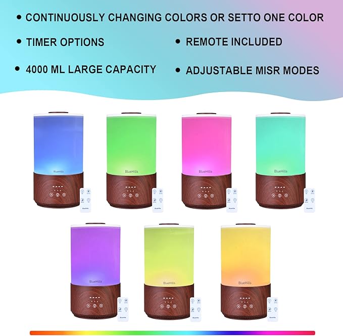 BlueHills Premium Large 2000 ML and 4000 ML XL Essential Oil Diffusers Humidifiers Combo Set of 2 for Large Room Home with Décor LED Lights Great Gift – Dark Wood Grain.