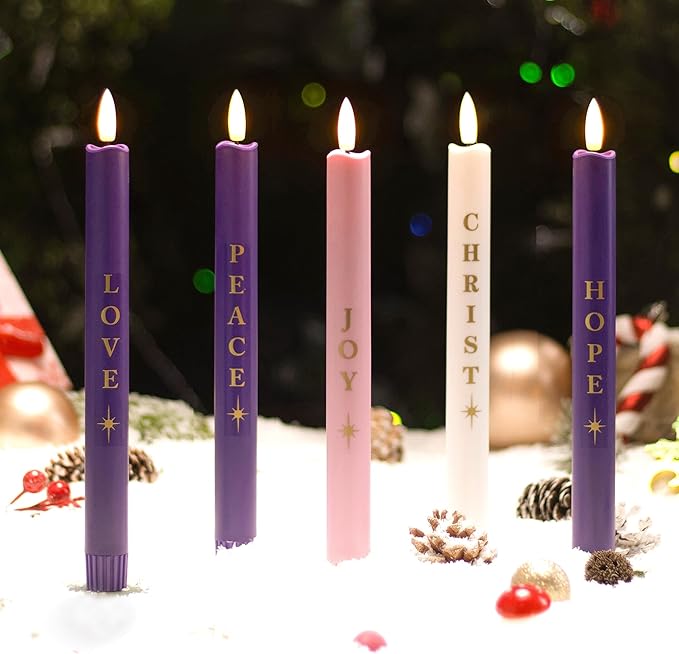 Flameless Advent Candles Battery Operated, Advent Candles Set of 5, 10 Inch Tall, Realistic 3D Flames and Remote Control, Electric LED Candle Set for Advent Wreath