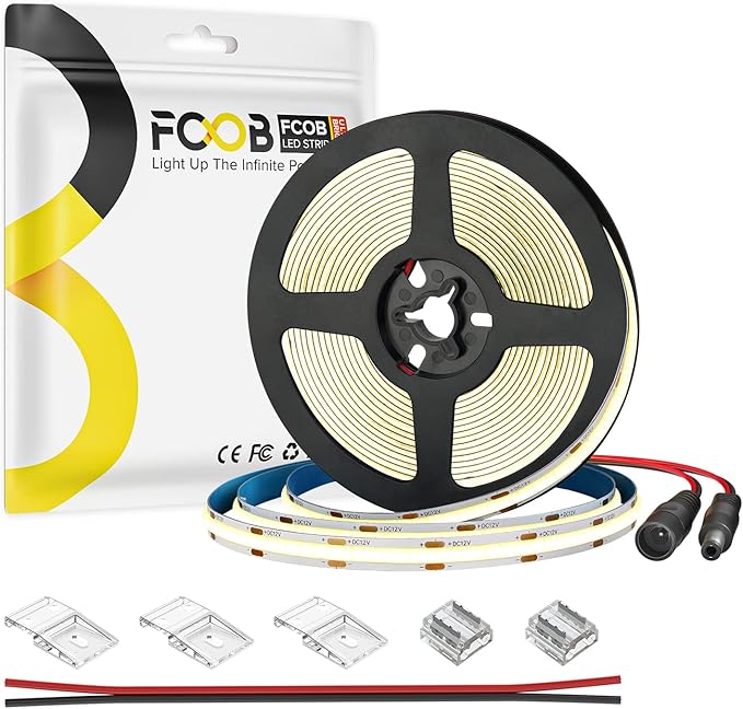 16.4FT COB LED Strip DC12V Warm White Flexible High Density Uniform Bright Light, 480LEDs/m CRI90+ Dimmable 3000K LED Tape for DIY Kitchen Bedroom Home Decor, No Power and Controller