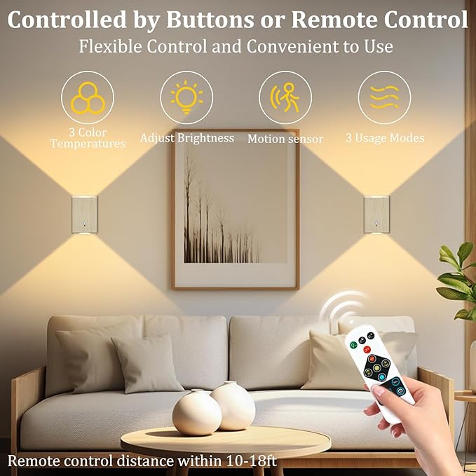 4 Pack Rechargeable Wall Sconce: Battery Operated Motion Sensor Wall Light with Remote, Magnetic Motion Sensor Stair Light Indoor, 3CCT Dimmable Wireless Wall Lamp for Bedroom Hallway Closet, Beech