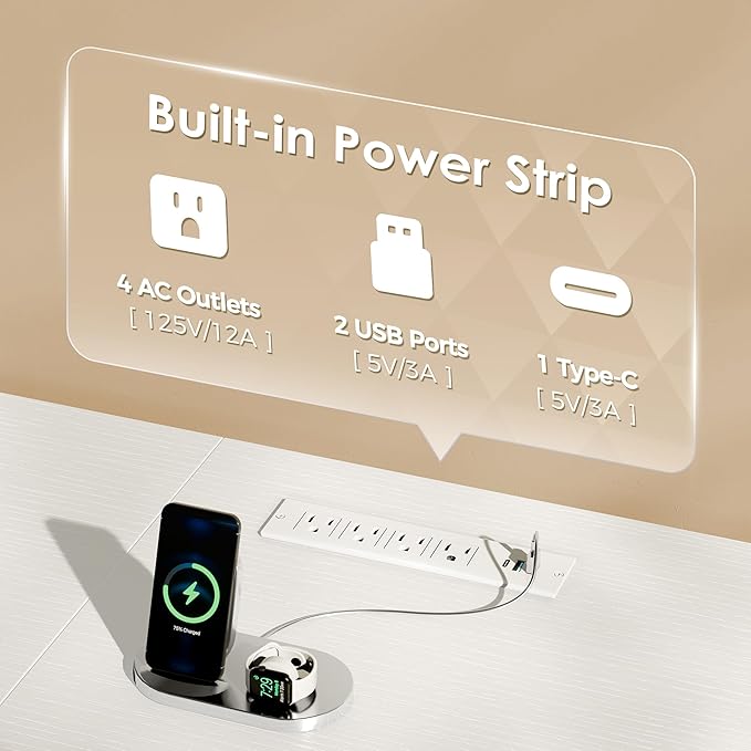 Huuger 70 Inch TV Stand for 75, 80 Inch TV, 11 Drawer Long Dresser with Power Outlets and LED Lights, Entertainment Center with Storage, White Dresser with PU Leather Surface, 1TS011W