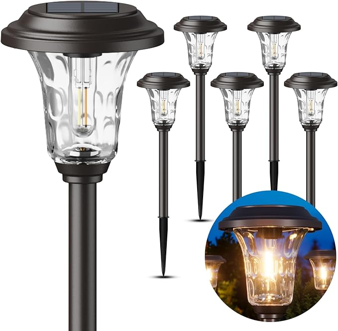 XMCOSY+ Solar Lights Outdoor Waterproof, 6 Pack Metal Glass Solar Pathway Lights, 20/40LM Bright Landscape Lighting for Garden Yard Backyard Path Driveway Walkway Outside Decor (Warm/Cool White)