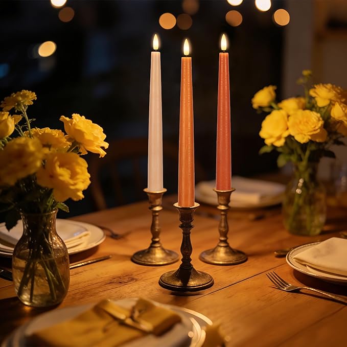 Flameless Taper Candles with Remote, 9.6" Battery Operated Flickering LED Candlesticks, Real Wax Warm Earth Tone Taper Candles for Wedding Centerpieces, Dinner Table, Mantel, Window, 3 Pack