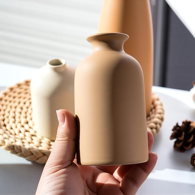 Ceramic Small Vase Set of 3,Modern Boho Farmhouse Home Decor,Pampas Grass Vase,Minimalist Decor,for Entryway Table,Bookshelf,Living Room, Bedroom,Kitchen,Coffee Table Decoration