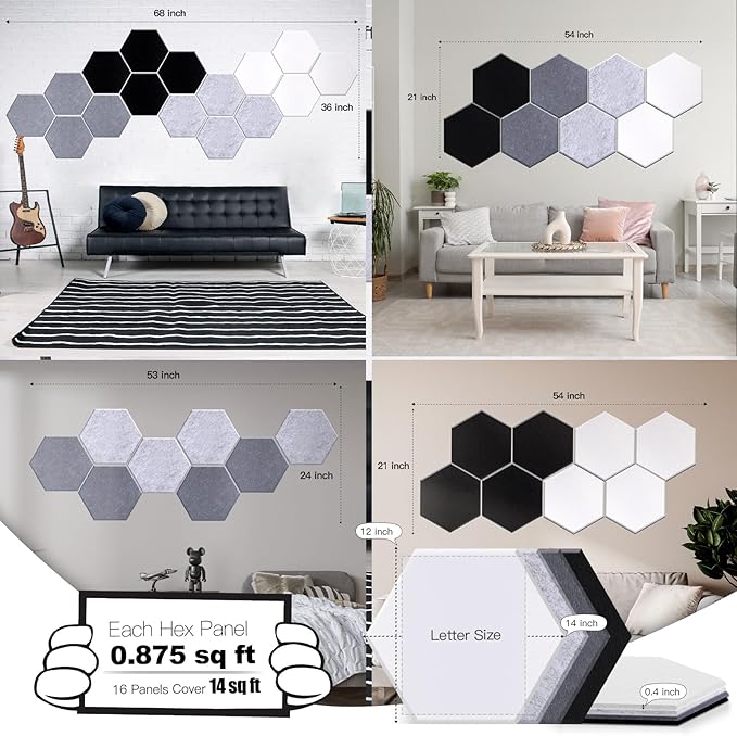 Mollywell Hexagon Acoustic Panels 14x12 - Reduce Echo & Reverb, Noise Blocking Wall Tiles for Studio & Home Office, Silver Gray, Moon Gray, Black, White Sound Absorbing Panels