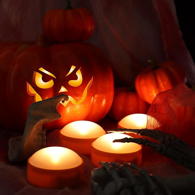 LED Pumpkin Lights with Remote and Timer, Battery Operated Bright Flickering Flameless Candles for Pumpkin Decor, Jack-O-Lantern Halloween Party Decorations,Orange Color, 4 Pack