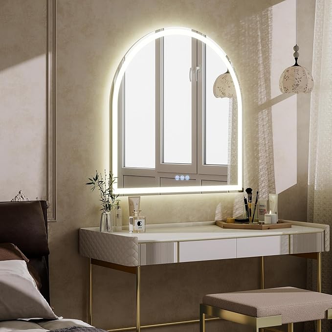 BEAUTYPEAK 34x30 LED Arch Bathroom Mirror with Lights, Anti-Fog, Dimmable, Backlit + Front Lit, Lighted Bathroom Vanity Mirror for Wall, 3 Colors, Memory Function, Tempered Glass, Shatter-Proof