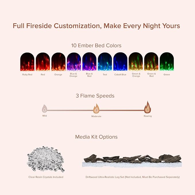 Modern Ember Vibrance 72 Inch Smart Linear Electric Fireplace Insert - Recessed or Wall-Mount, LED Multi-Flame Colors, Alexa/WiFi Enabled - Remote Included - Crystals